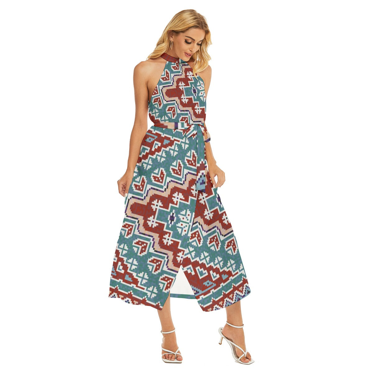 All-Over Print Women's Wrap Hem Belted Halter Dress