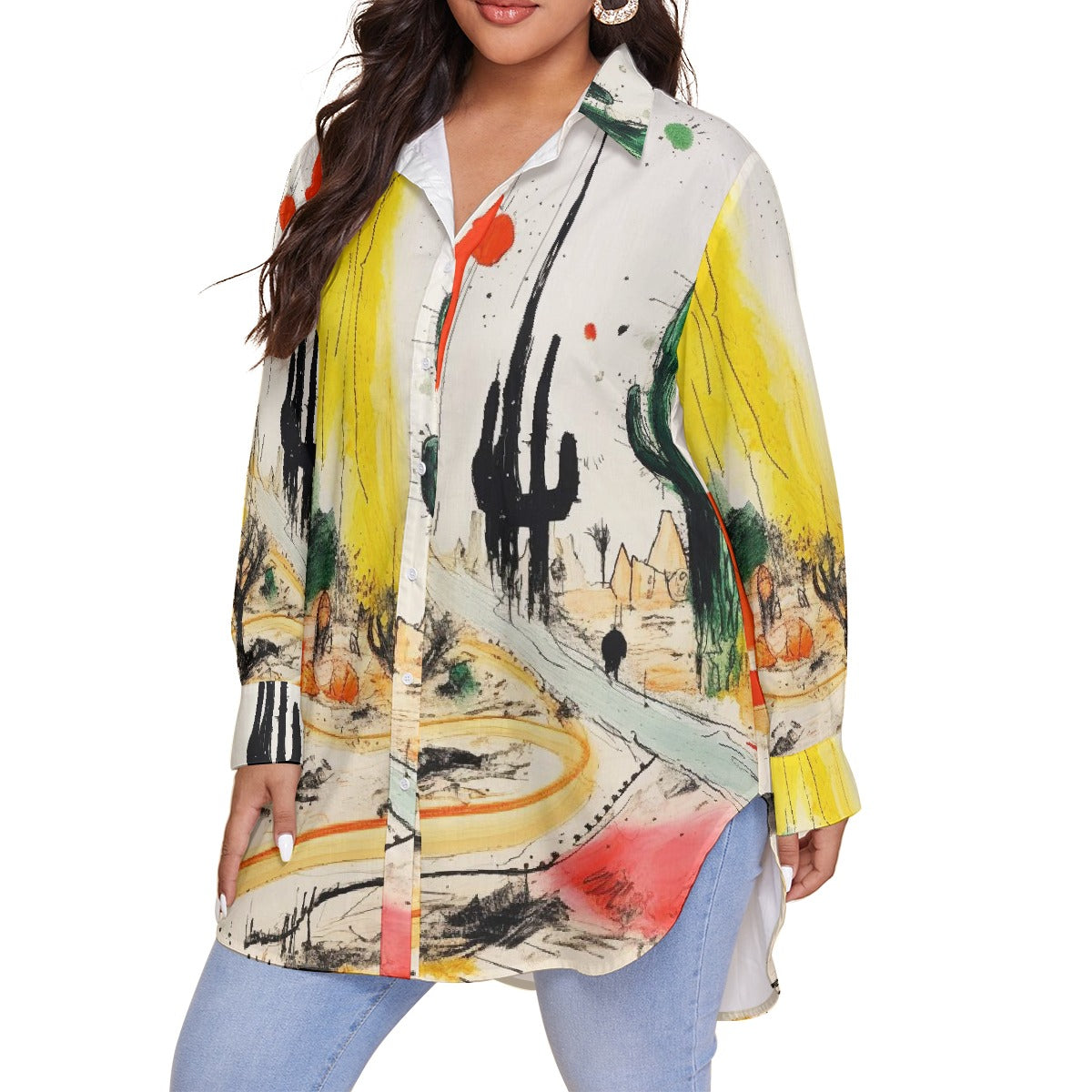 All-Over Print Women's Shirt With Long Sleeve(Plus Size)