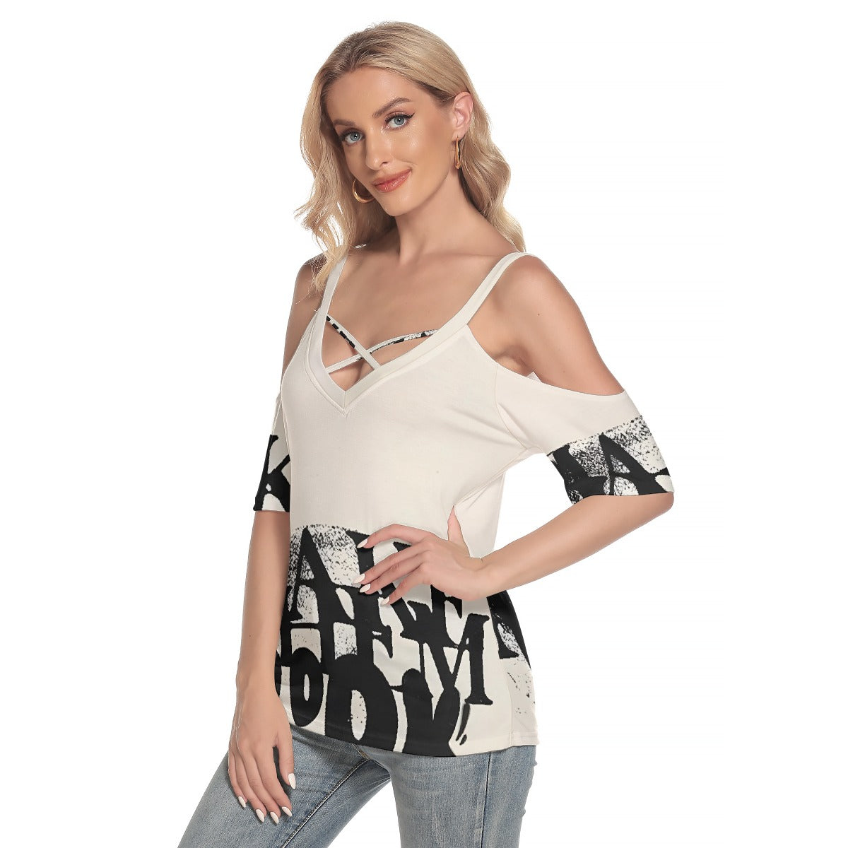 All-Over Print Women's Cold Shoulder T-shirt With Criss Cross Strips