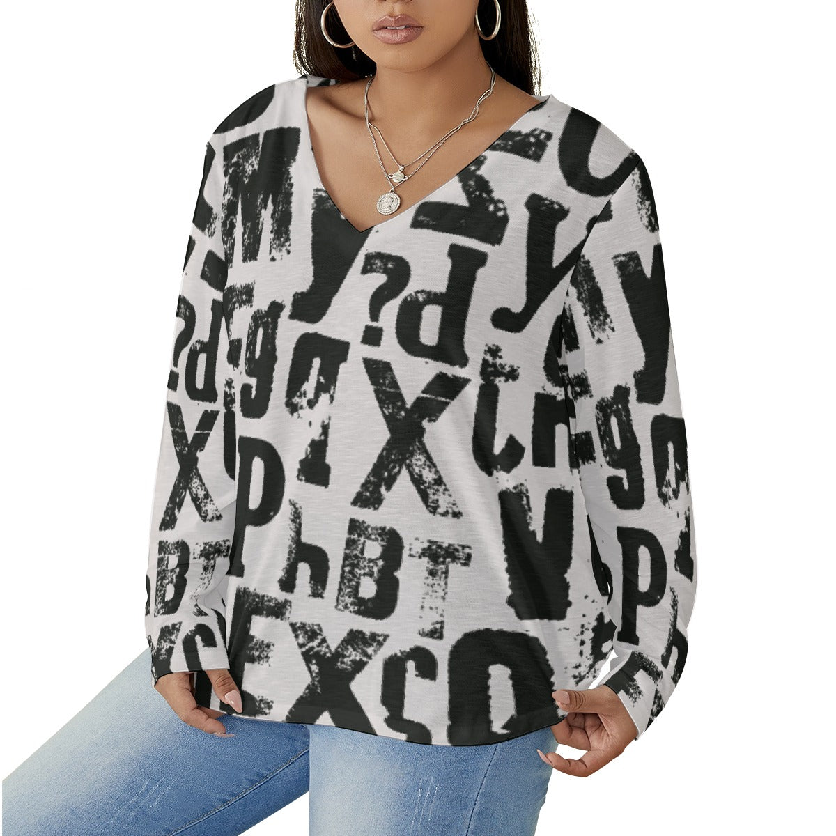 All-Over Print Women's V-neck T-shirt With Curved Hem(Plus Size)