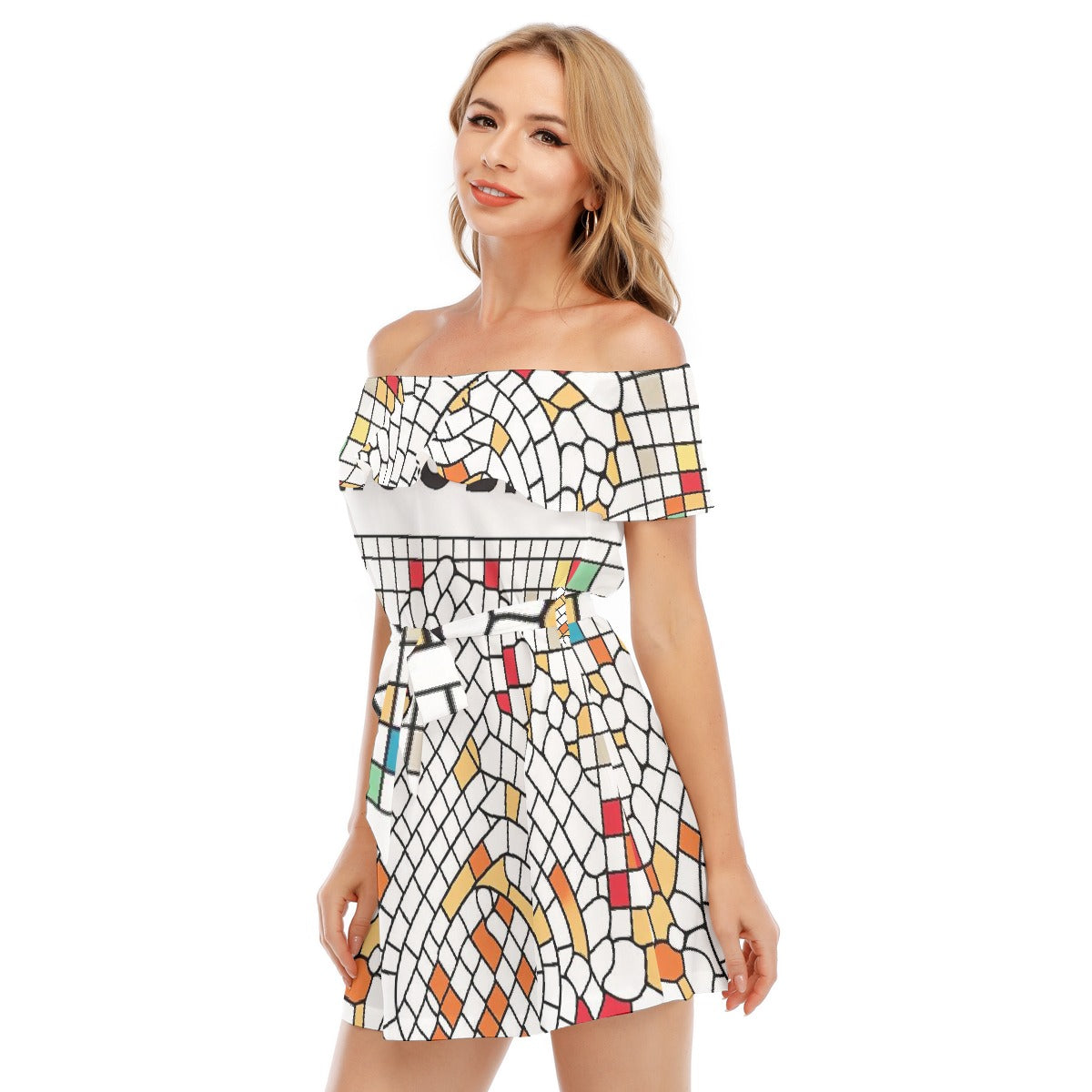 All-Over Print Women's Off-shoulder Dress With Ruffle