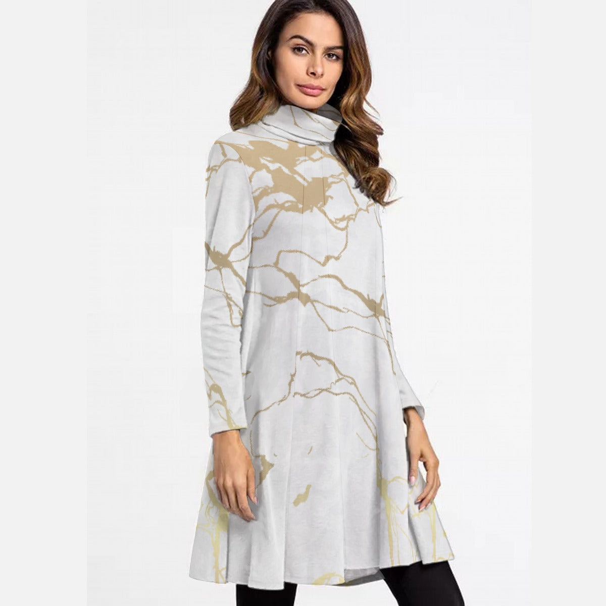 All-Over Print Women's High Neck Dress With Long Sleeve