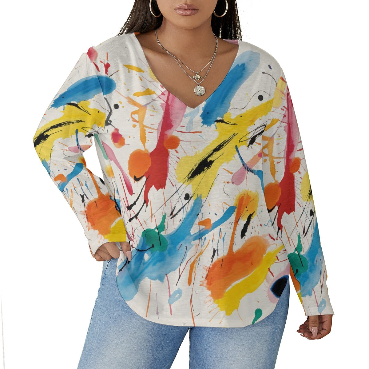 All-Over Print Women's V-neck T-shirt With Curved Hem(Plus Size)