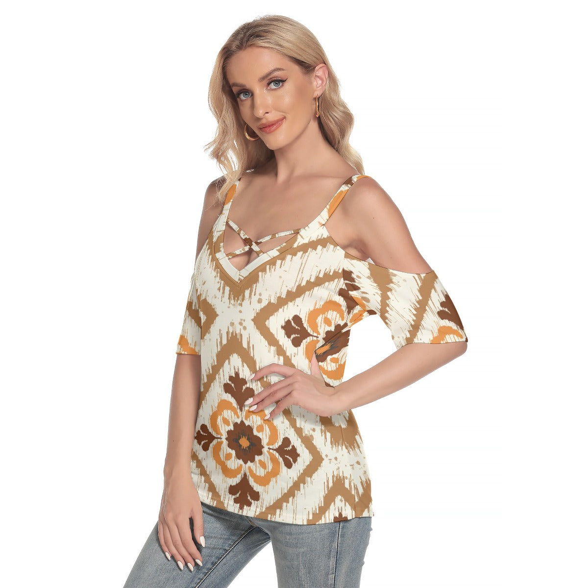 All-Over Print Women's Cold Shoulder T-shirt With Criss Cross Strips