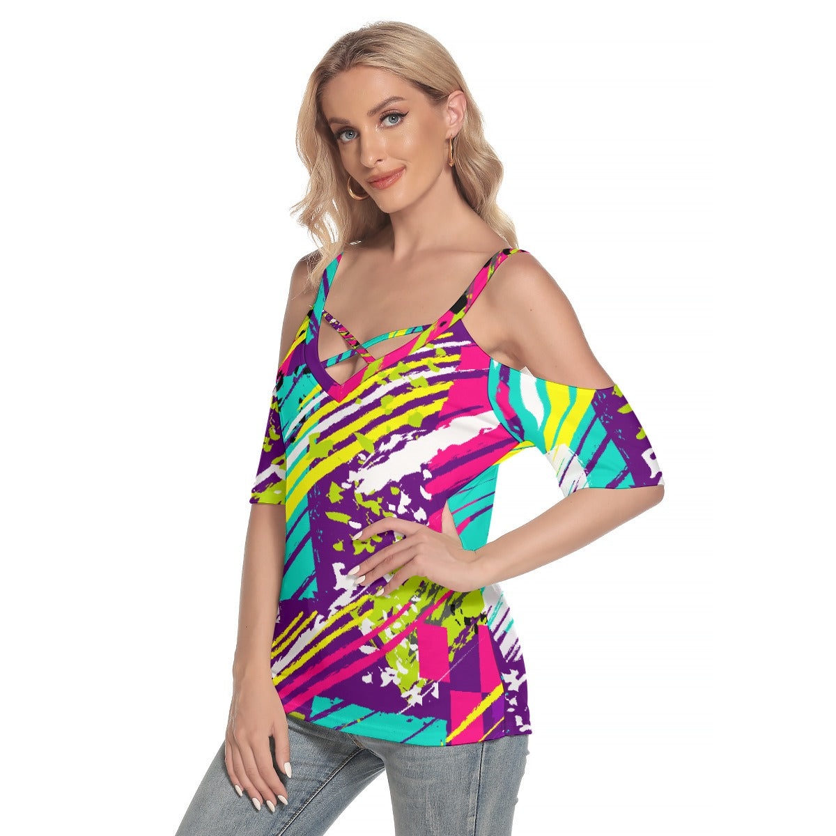 All-Over Print Women's Cold Shoulder T-shirt With Criss Cross Strips