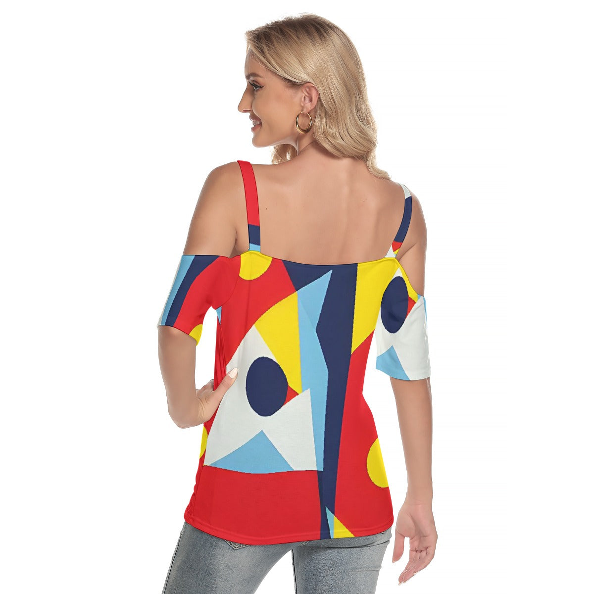 All-Over Print Women's Cold Shoulder T-shirt With Criss Cross Strips