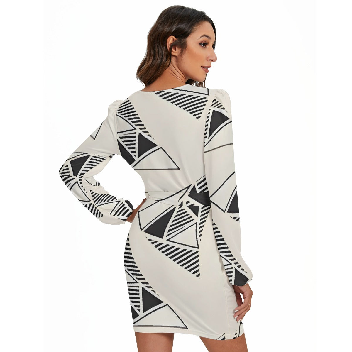 All-Over Print Women's Long Sleeve Dress With Waist Belt