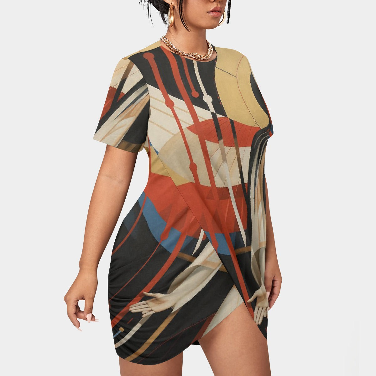 All-Over Print Women’s Stacked Hem Dress With Short Sleeve（Plus Size）