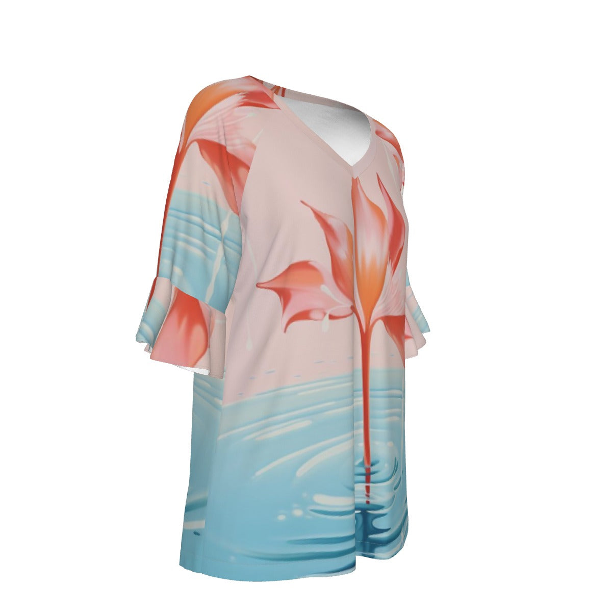 All-Over Print V-neck Women's T-shirt With Bell Sleeve