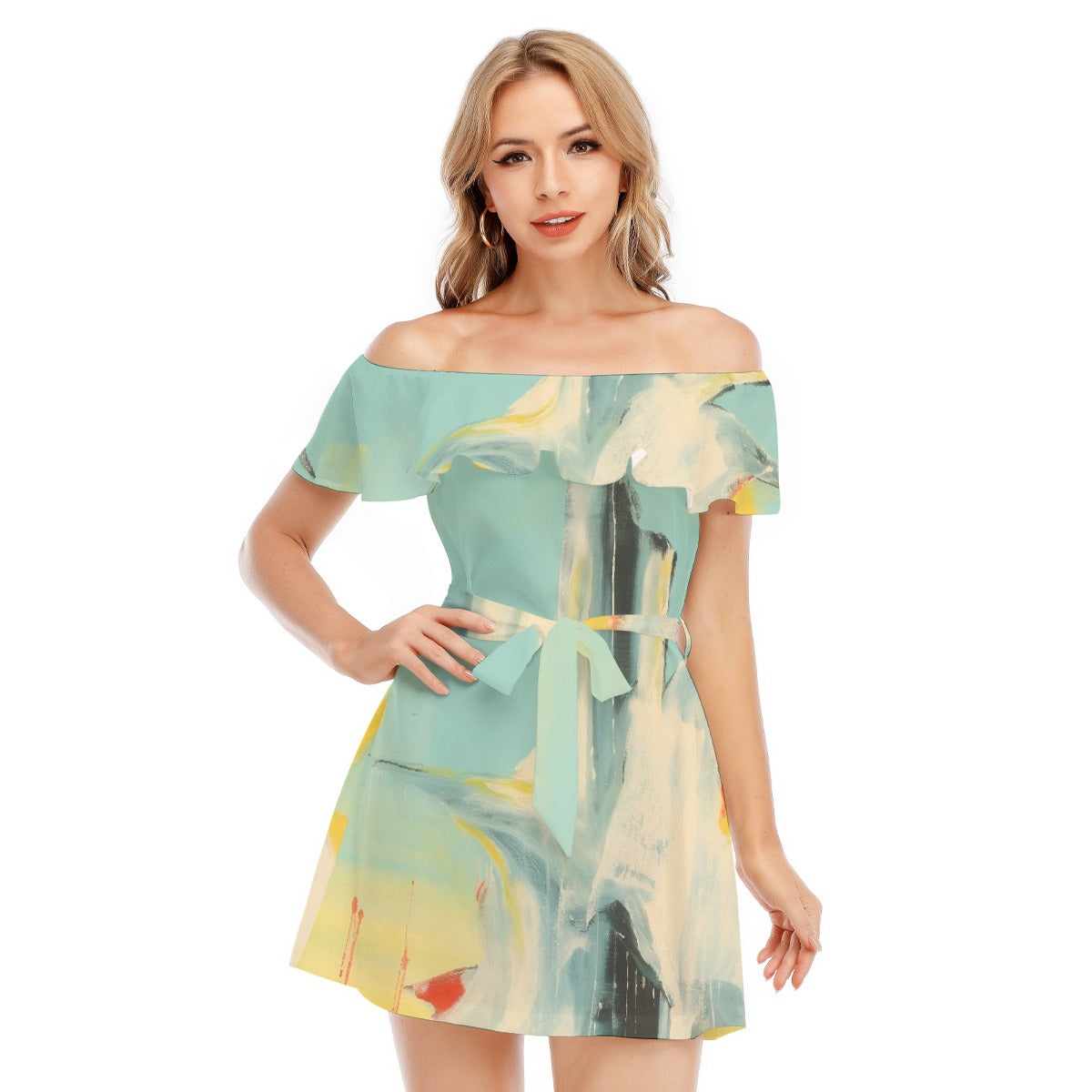 All-Over Print Women's Off-shoulder Dress With Ruffle