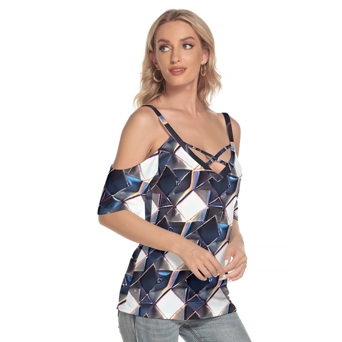 All-Over Print Women's Cold Shoulder T-shirt With Criss Cross Strips