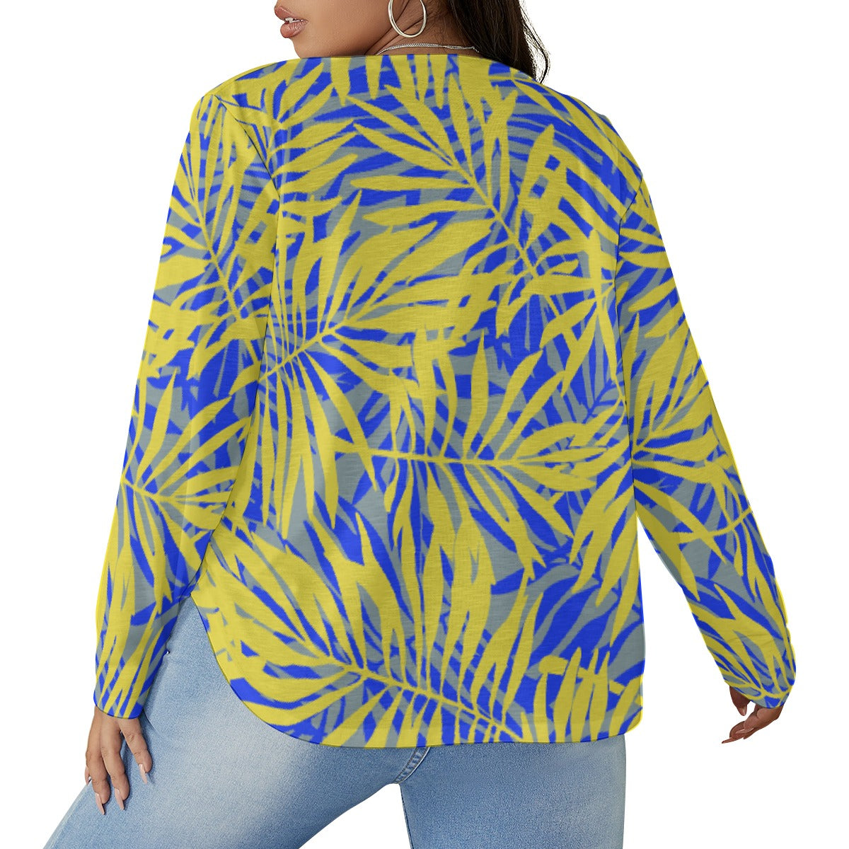 All-Over Print Women's V-neck T-shirt With Curved Hem(Plus Size)