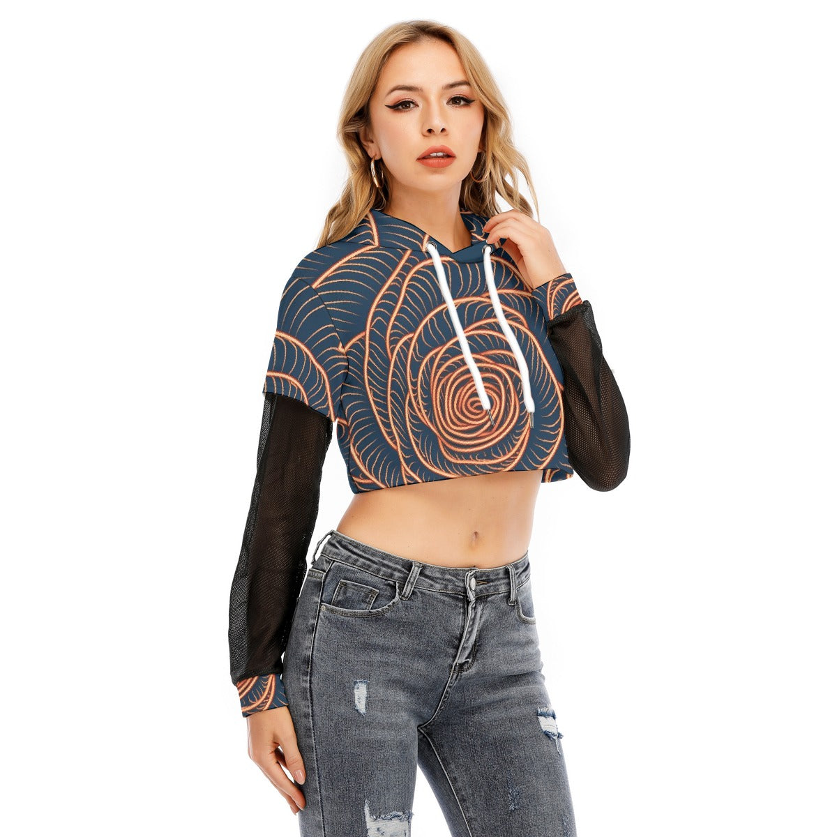 All-Over Print Women's Fake Two-piece Mesh Sleeve Cropped Hoodie