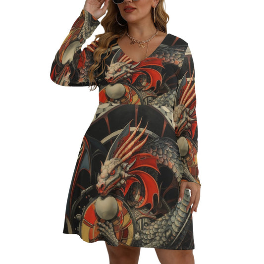 All-Over Print Women's V-neck Long Sleeve Dress(Plus Size)