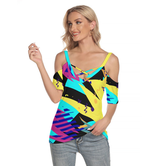 All-Over Print Women's Cold Shoulder T-shirt With Criss Cross Strips