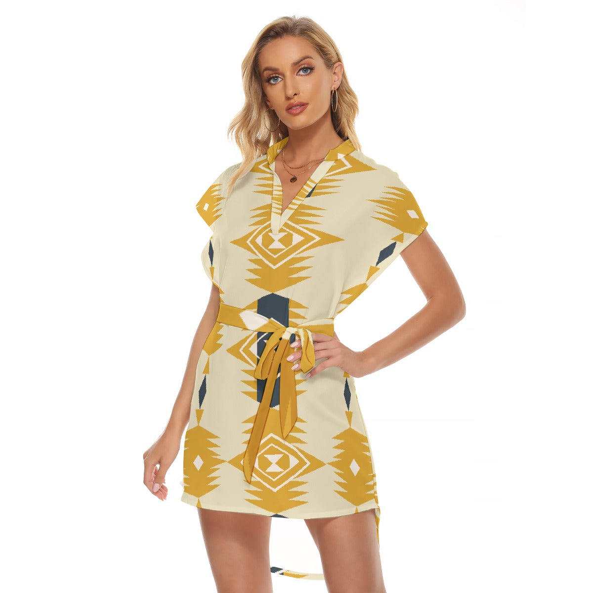 All-Over Print Women's Stand-up Collar Casual Dress With Belt