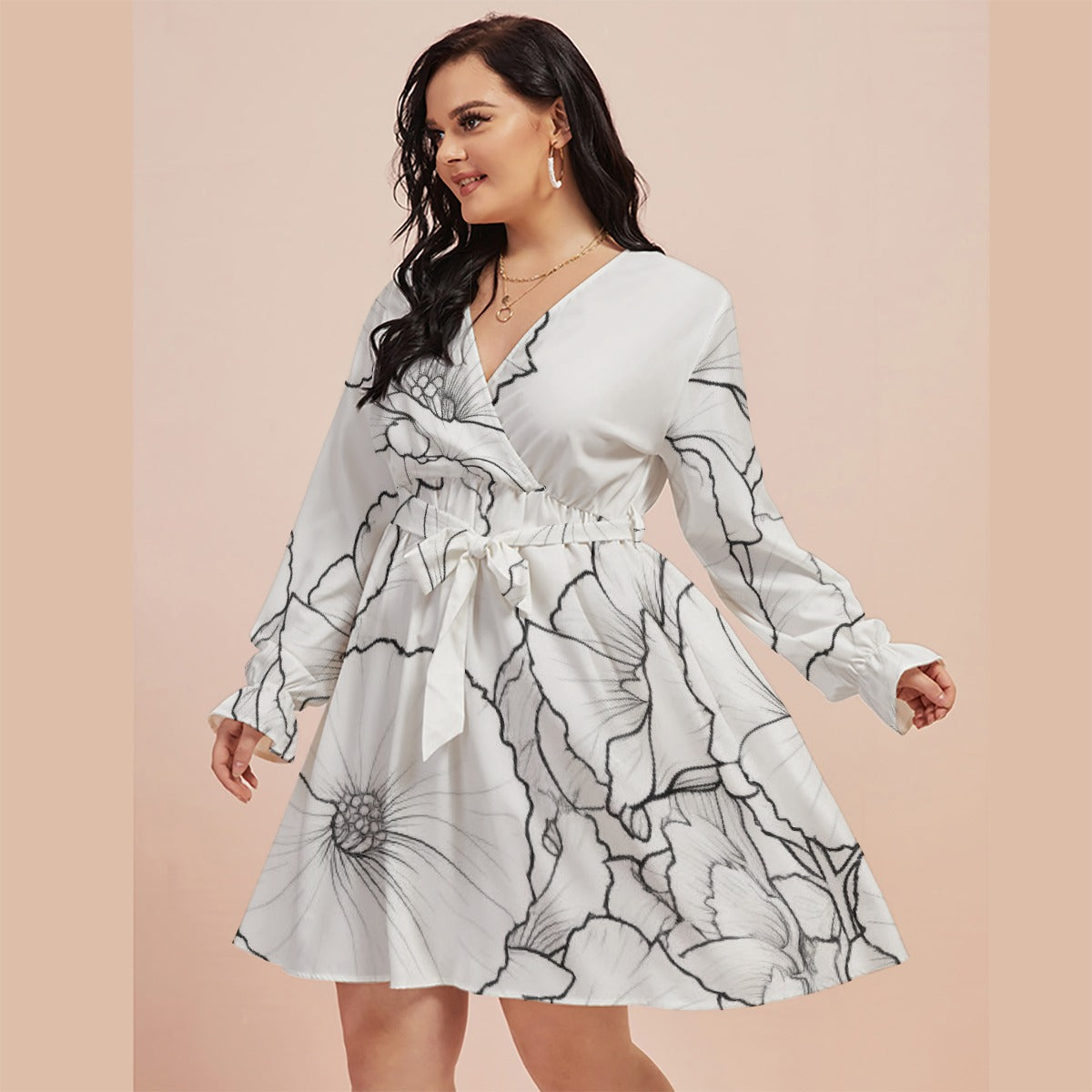 All-Over Print Women's V-neck Dress With Waistband(Plus Size)