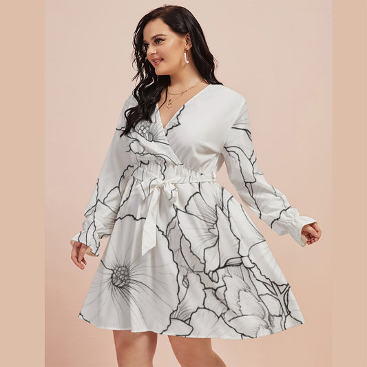 All-Over Print Women's V-neck Dress With Waistband(Plus Size)