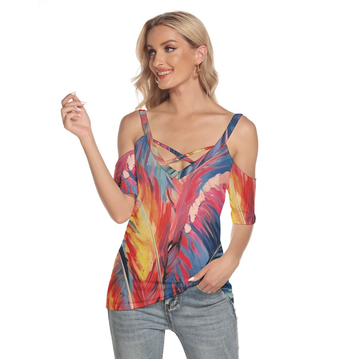 All-Over Print Women's Cold Shoulder T-shirt With Criss Cross Strips