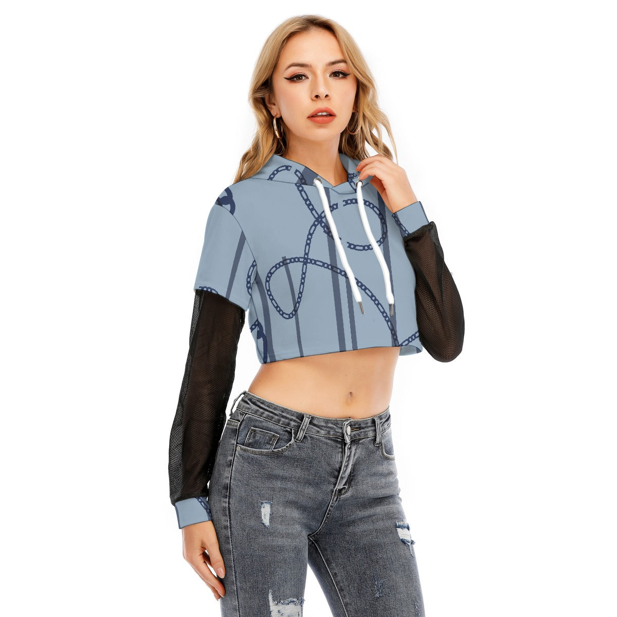 All-Over Print Women's Fake Two-piece Mesh Sleeve Cropped Hoodie