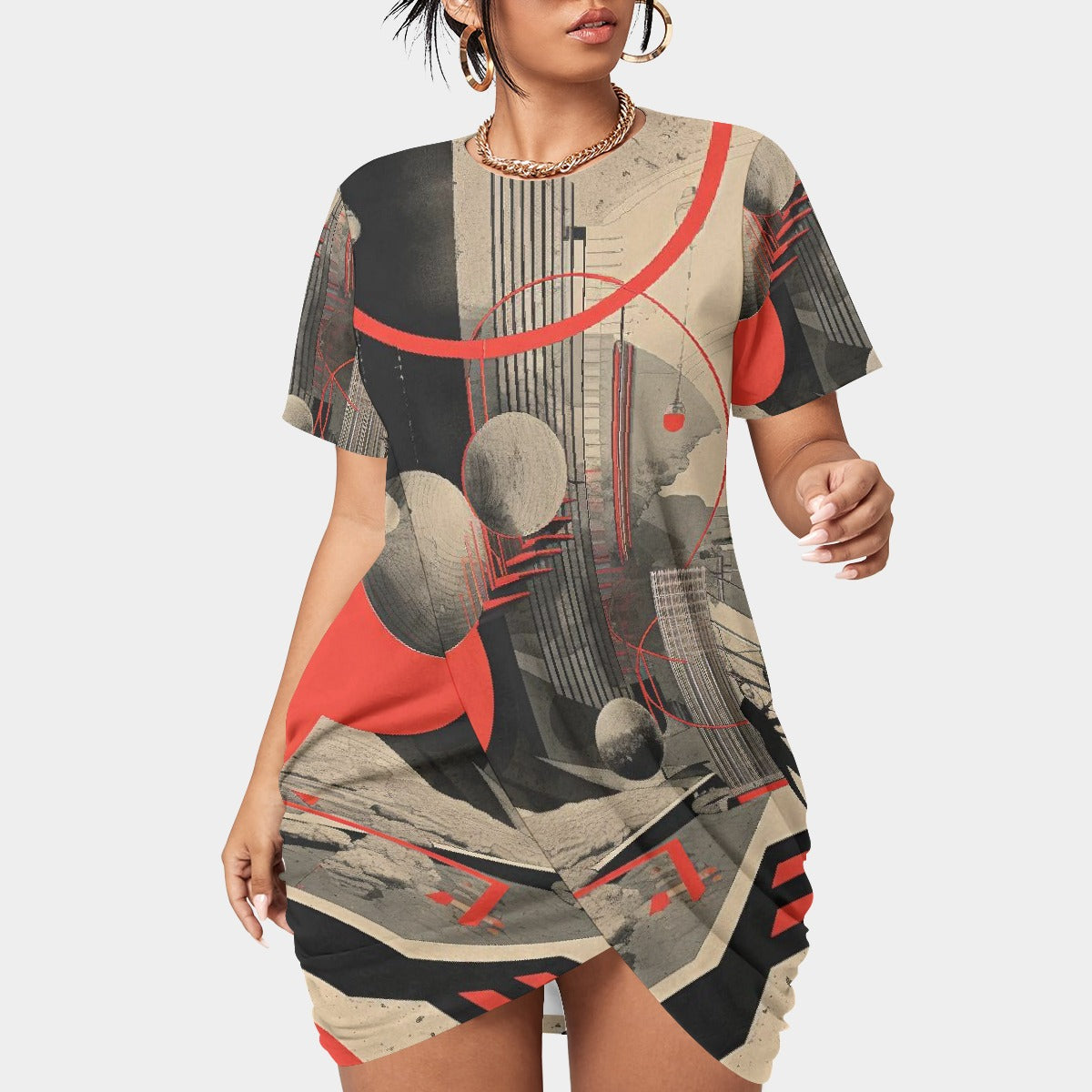 All-Over Print Women’s Stacked Hem Dress With Short Sleeve（Plus Size）