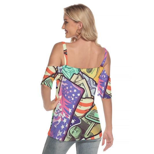 All-Over Print Women's Cold Shoulder T-shirt With Criss Cross Strips