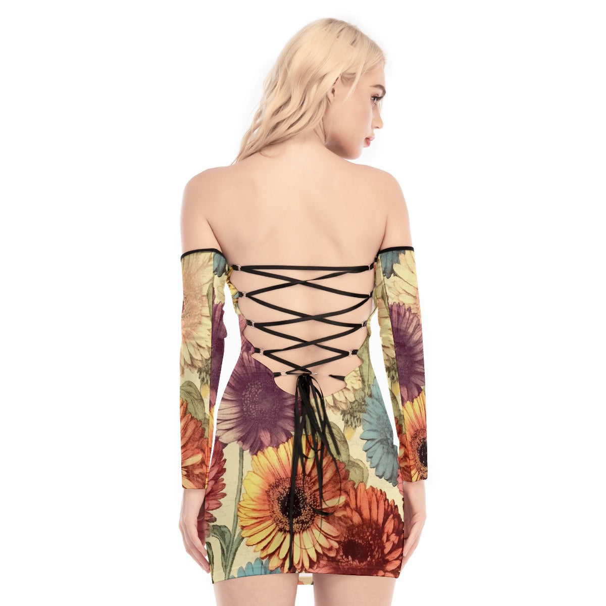 All-Over Print Women's Off-shoulder Back Lace-up Dress