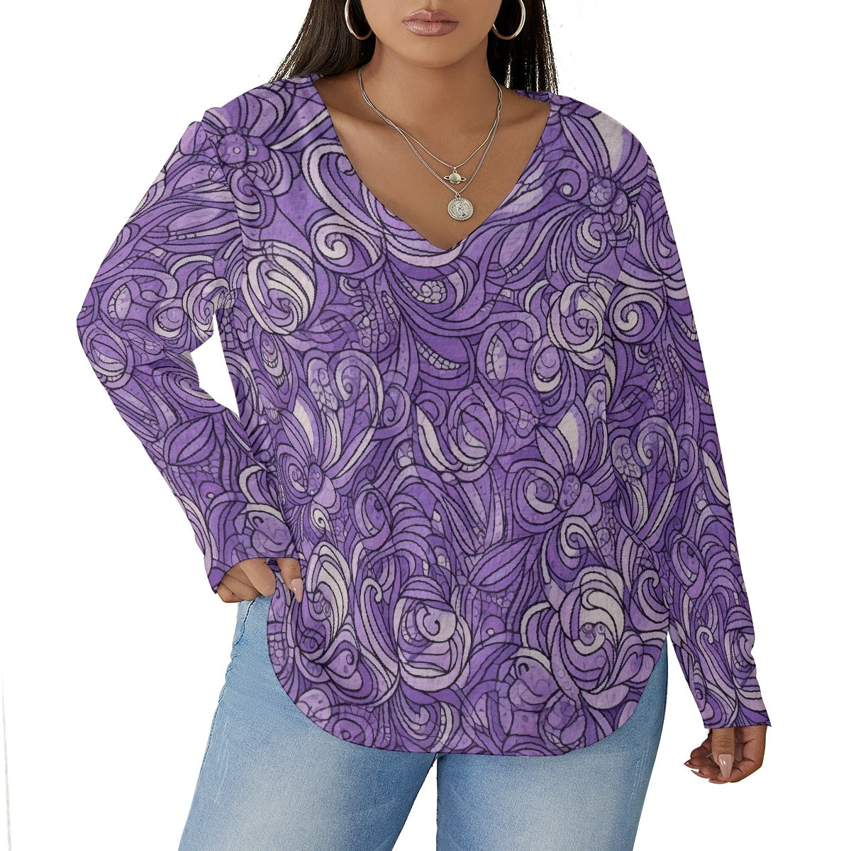 All-Over Print Women's V-neck T-shirt With Curved Hem(Plus Size)