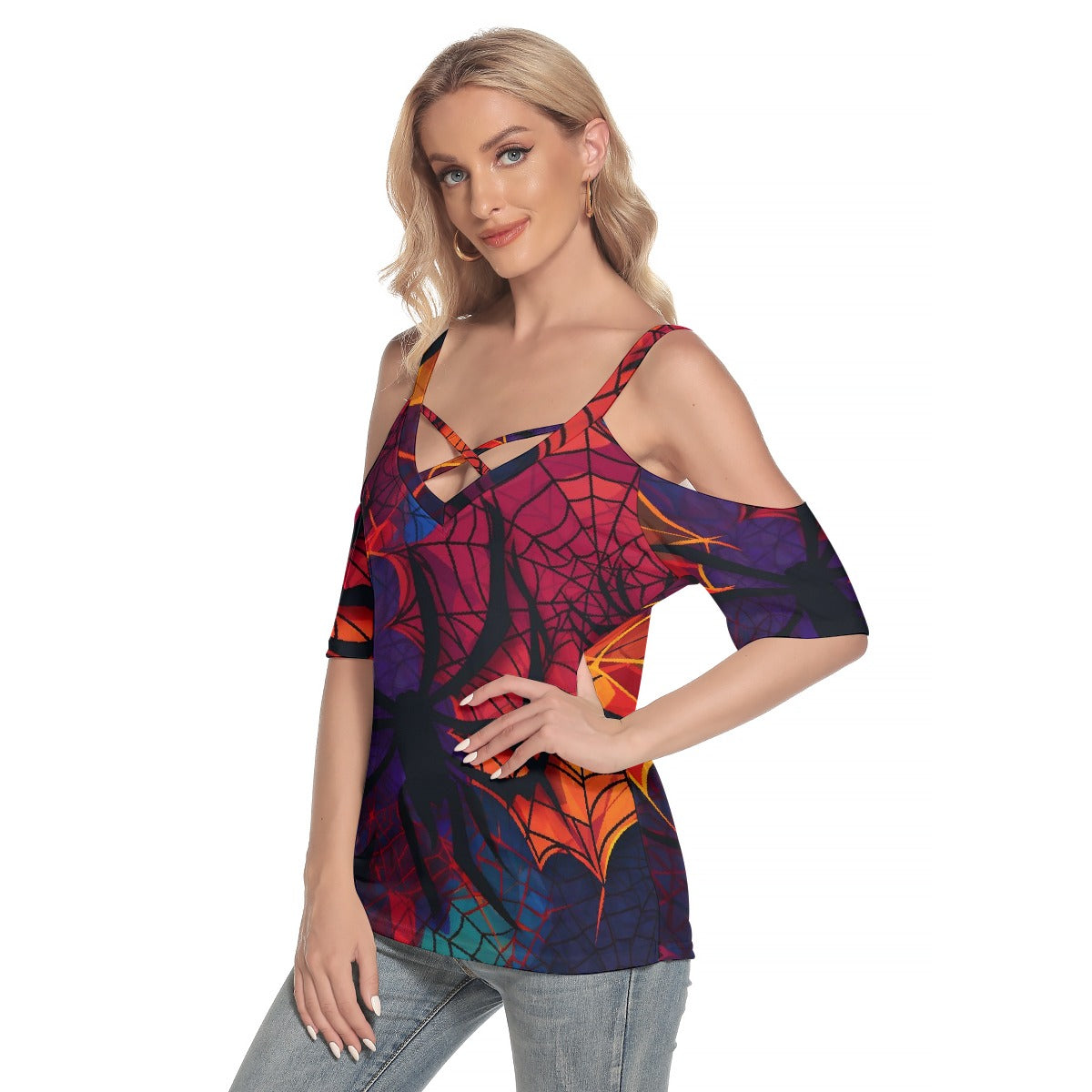 All-Over Print Women's Cold Shoulder T-shirt With Criss Cross Strips