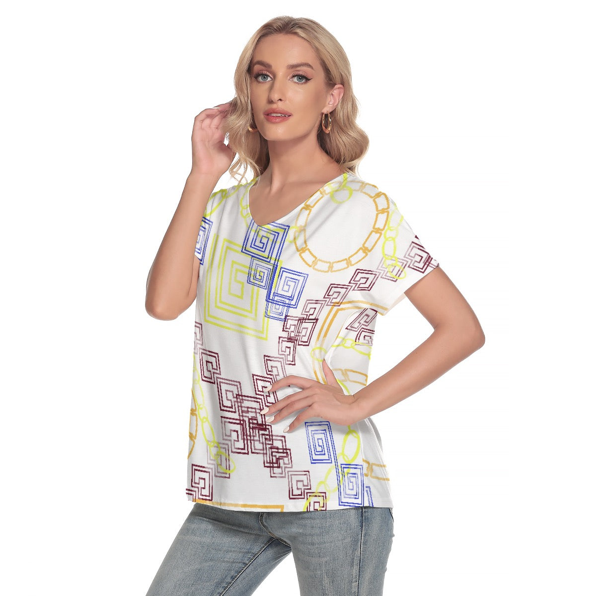 All-Over Print Women's Loose V-neck Short Sleeve T-shirt