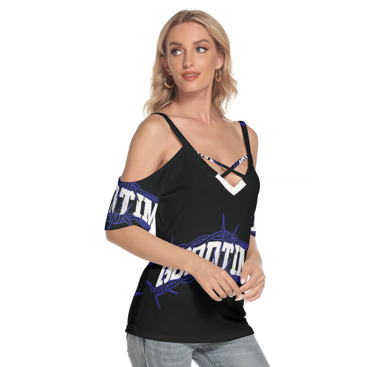 All-Over Print Women's Cold Shoulder T-shirt With Criss Cross Strips