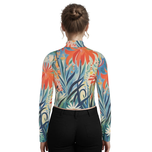 Eco-Friendly All-Over Print Women's Turtleneck T-shirt With Long Sleeve