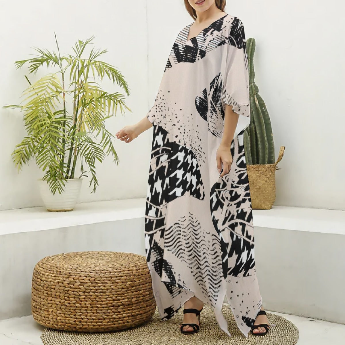 All-Over Print Women's Imitation Silk V-neck Kaftan Robe