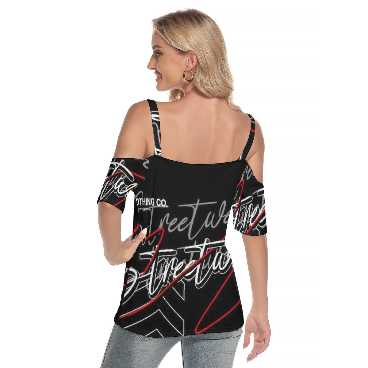 All-Over Print Women's Cold Shoulder T-shirt With Criss Cross Strips