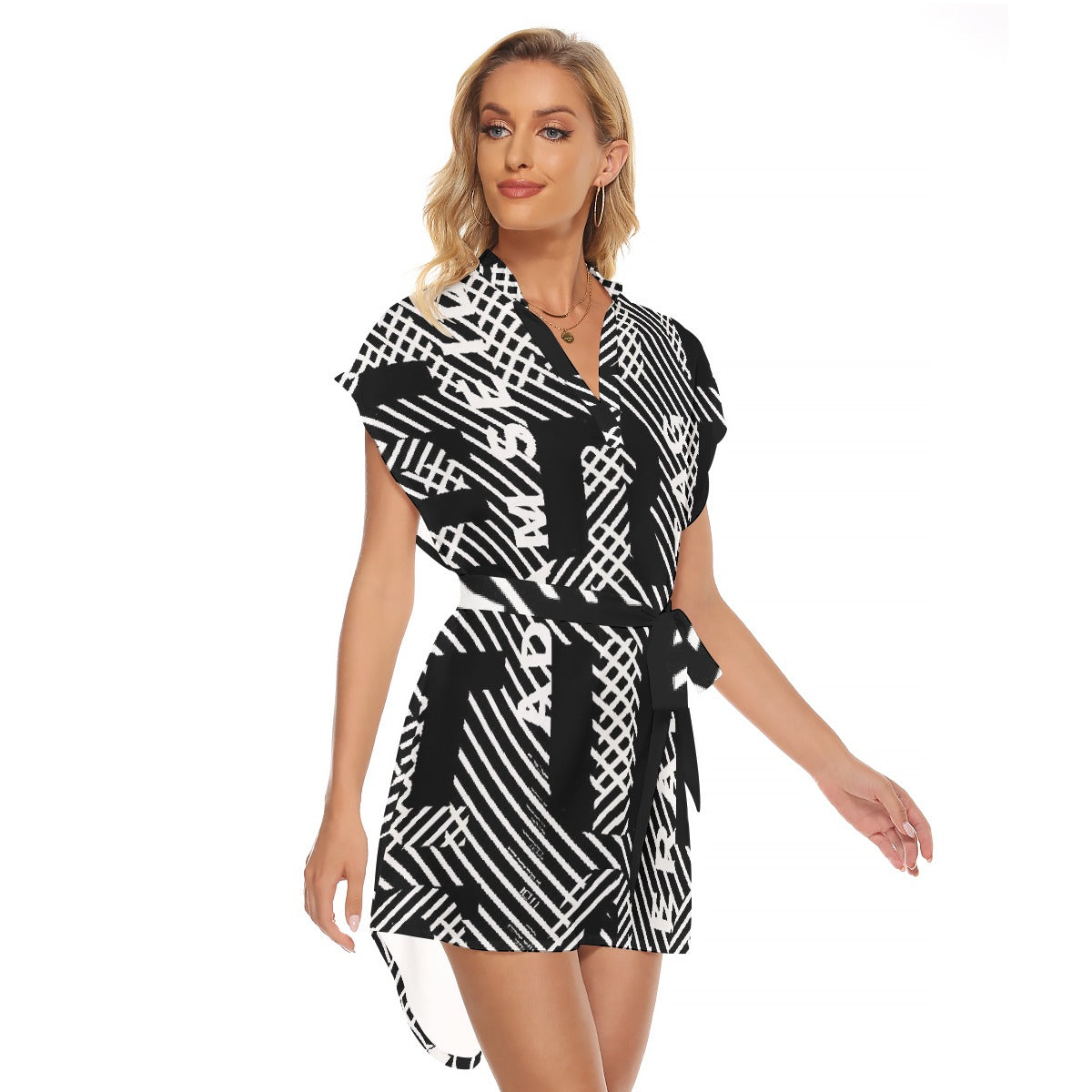 All-Over Print Women's Stand-up Collar Casual Dress With Belt