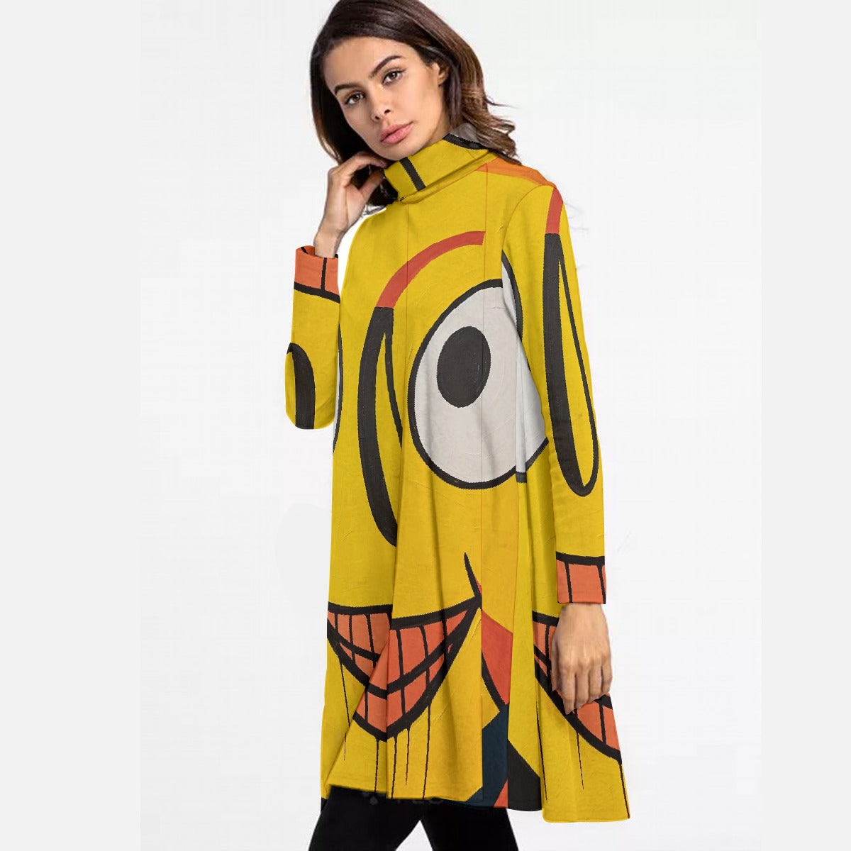 All-Over Print Women's High Neck Dress With Long Sleeve