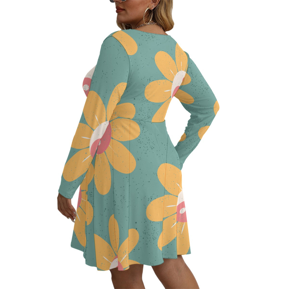 All-Over Print Women's V-neck Long Sleeve Dress(Plus Size)