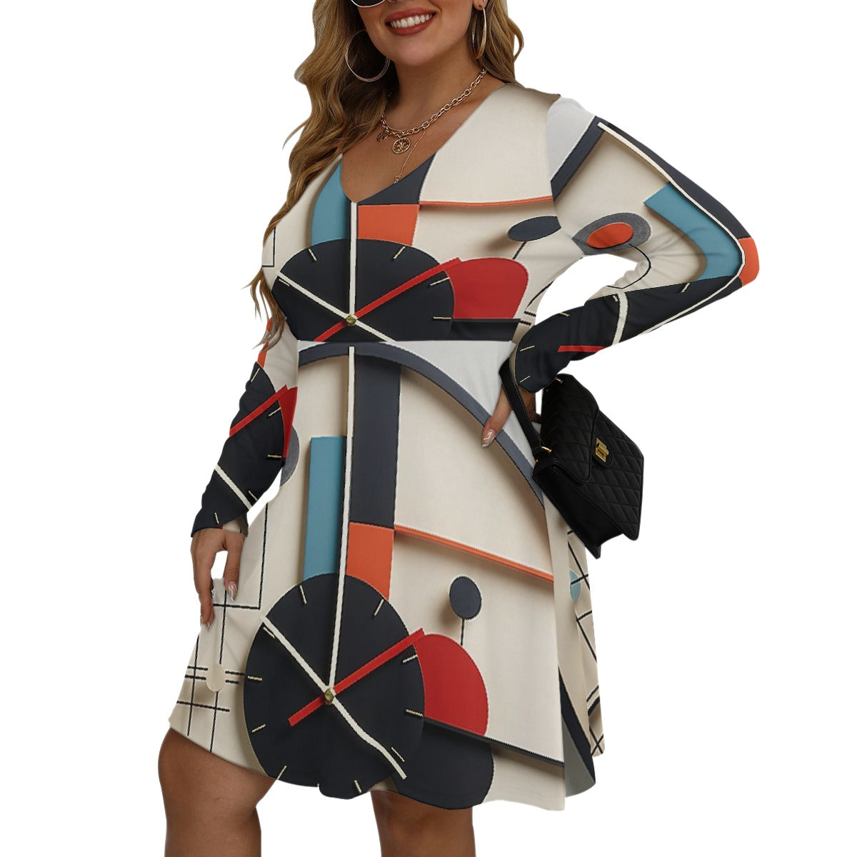 All-Over Print Women's V-neck Long Sleeve Dress(Plus Size)