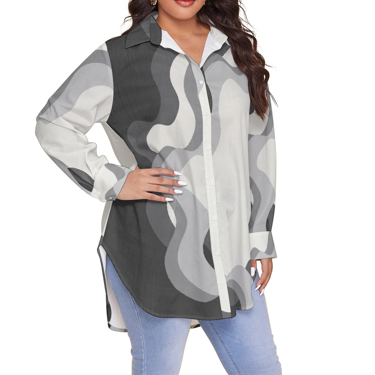 All-Over Print Women's Shirt With Long Sleeve(Plus Size)