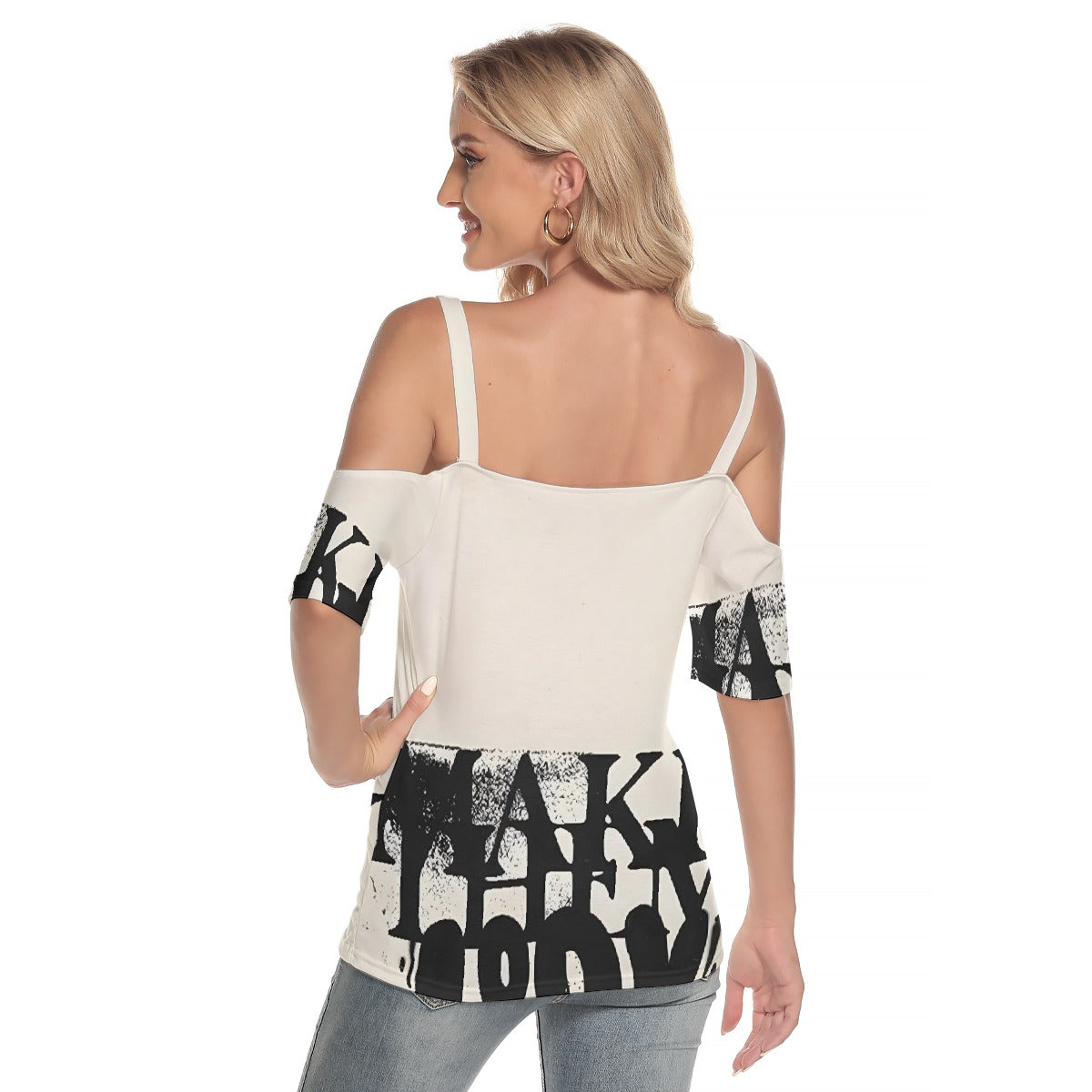 All-Over Print Women's Cold Shoulder T-shirt With Criss Cross Strips