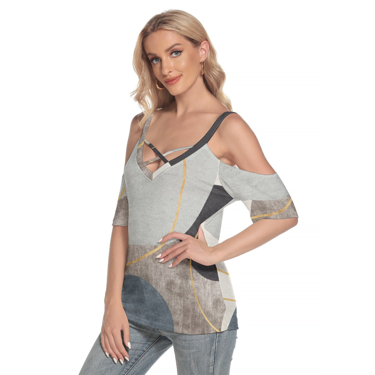 All-Over Print Women's Cold Shoulder T-shirt With Criss Cross Strips