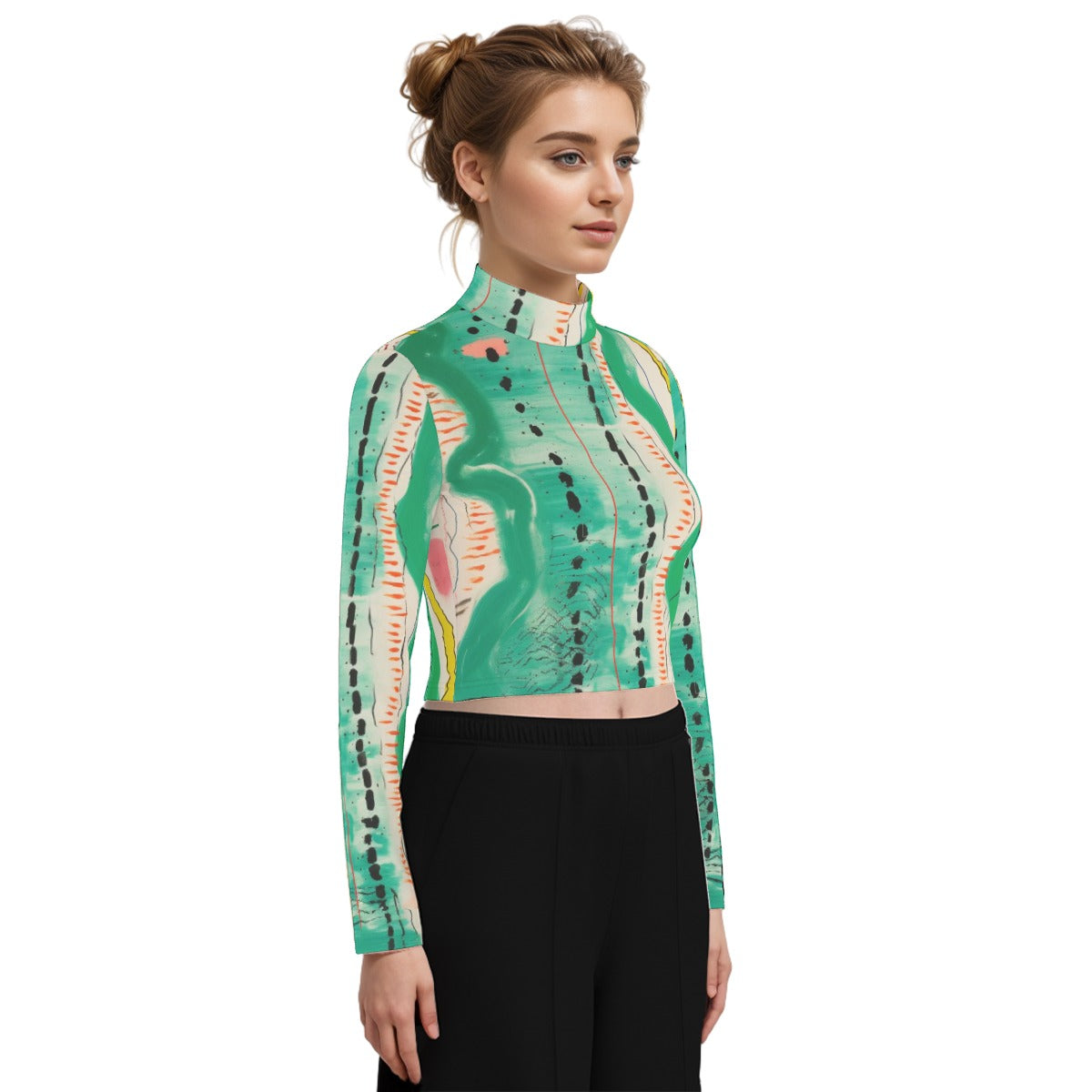 Eco-Friendly All-Over Print Women's Turtleneck T-shirt With Long Sleeve