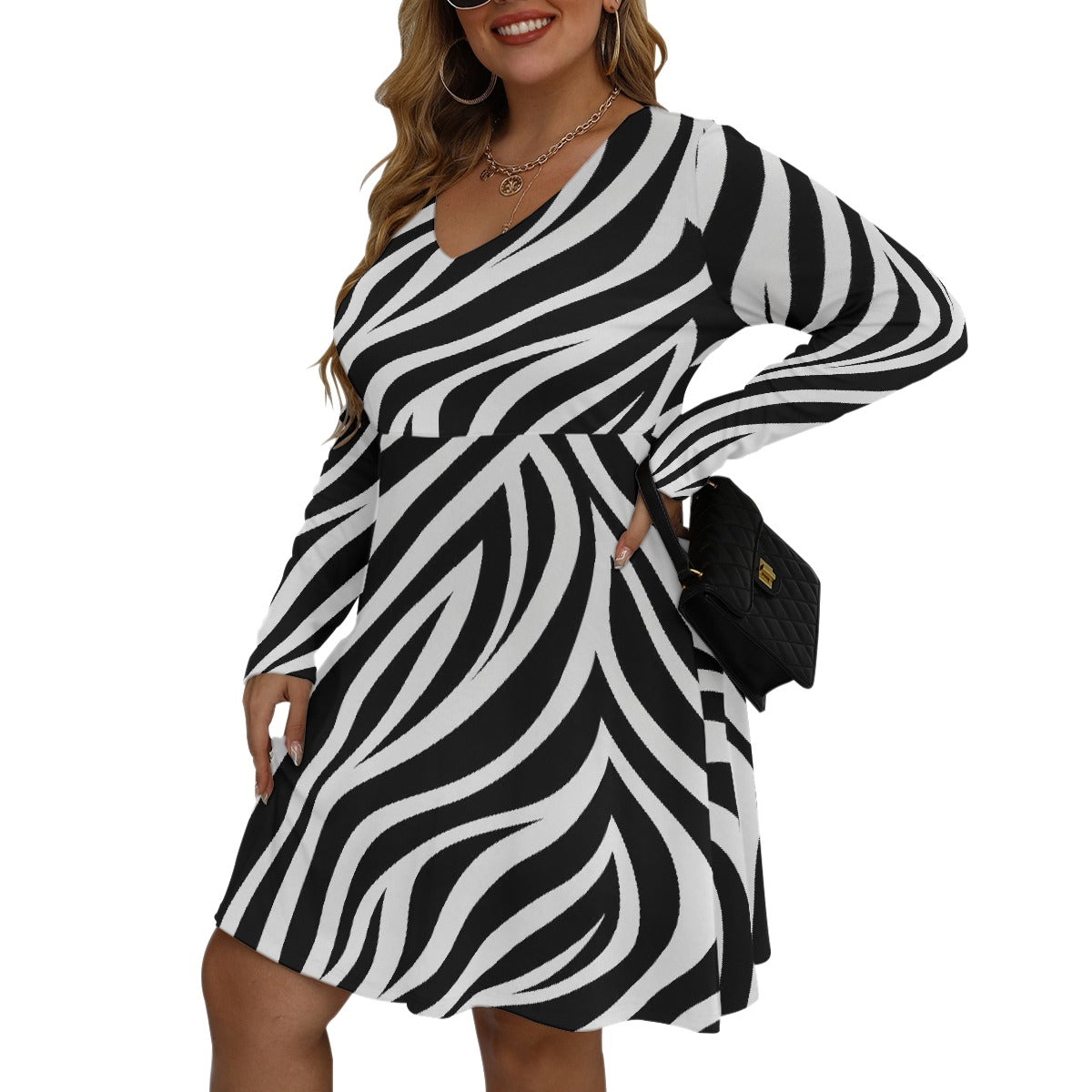 All-Over Print Women's V-neck Long Sleeve Dress(Plus Size)