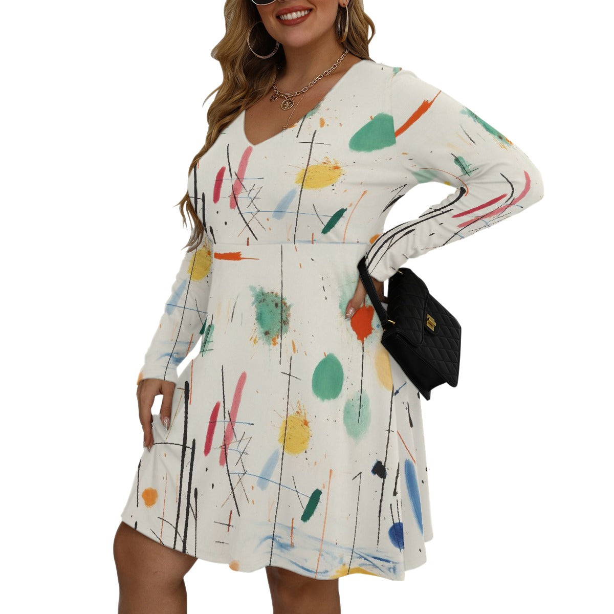 All-Over Print Women's V-neck Long Sleeve Dress(Plus Size)