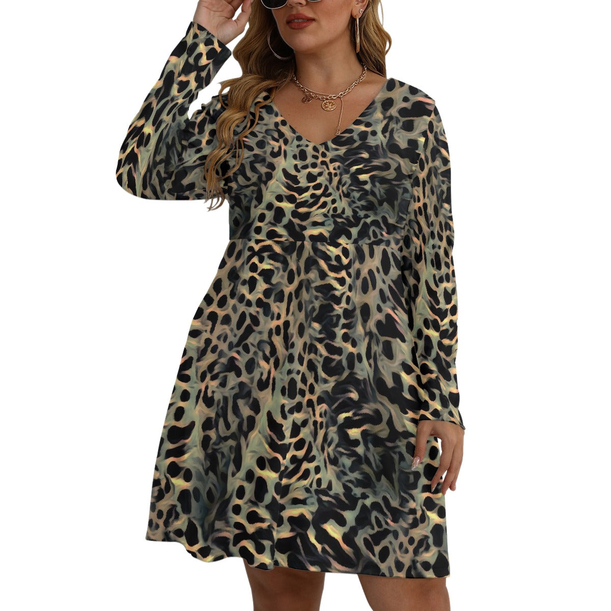 All-Over Print Women's V-neck Long Sleeve Dress(Plus Size)