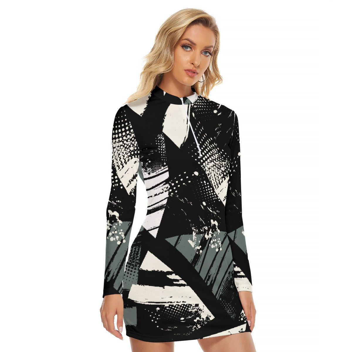 All-Over Print Women's Zip Front Tight Dress