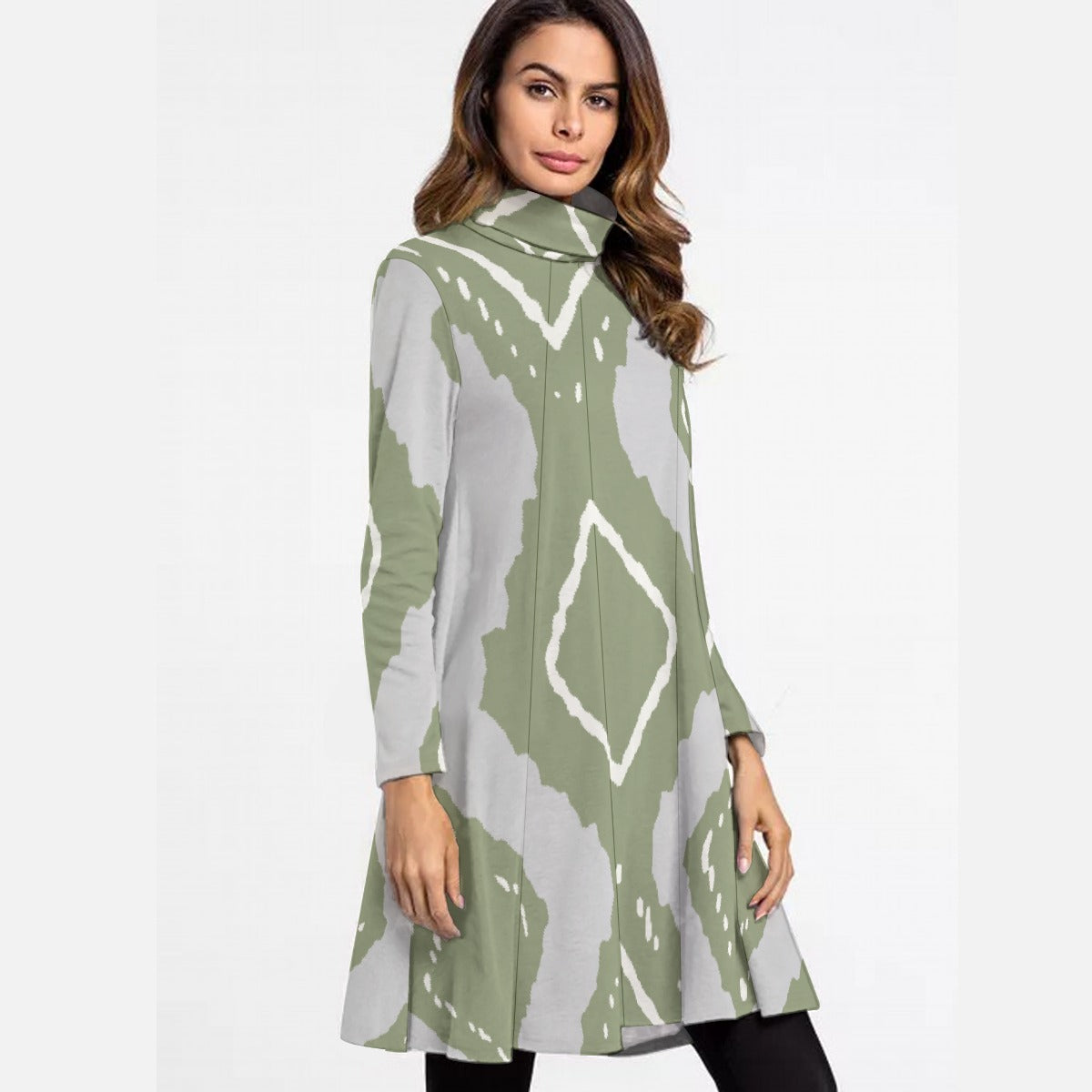 All-Over Print Women's High Neck Dress With Long Sleeve