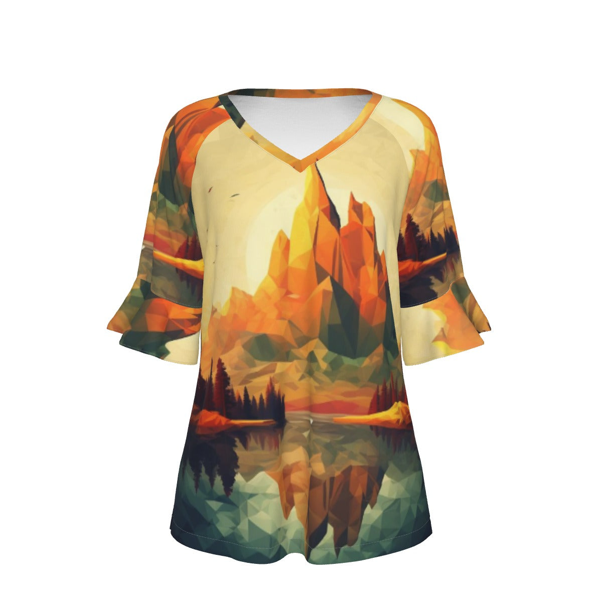 All-Over Print V-neck Women's T-shirt With Bell Sleeve