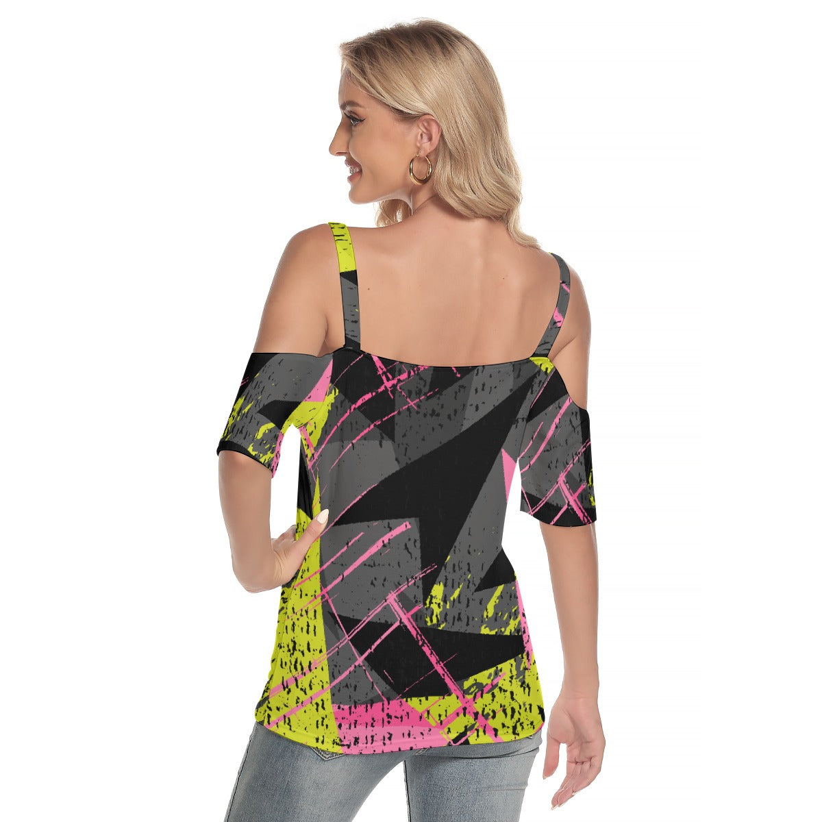 All-Over Print Women's Cold Shoulder T-shirt With Criss Cross Strips