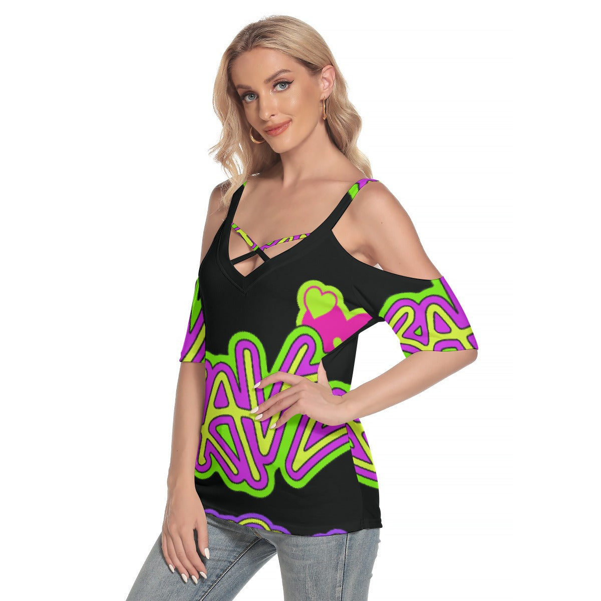 All-Over Print Women's Cold Shoulder T-shirt With Criss Cross Strips